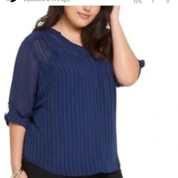 TORRID Women’s Navy Semi Sheer Shadow Stripe V-neck Roll Tab Sleeve Top 2X - Picture 3 of 6